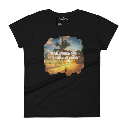 Travel Makes You Richer (Tropical Sunset Design) Women’s Motivational Black T-Shirt