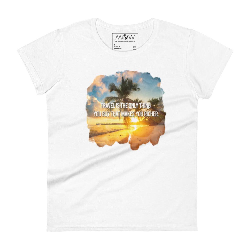 Travel Makes You Richer (Tropical Sunset Design) Women’s Motivational White T-Shirt