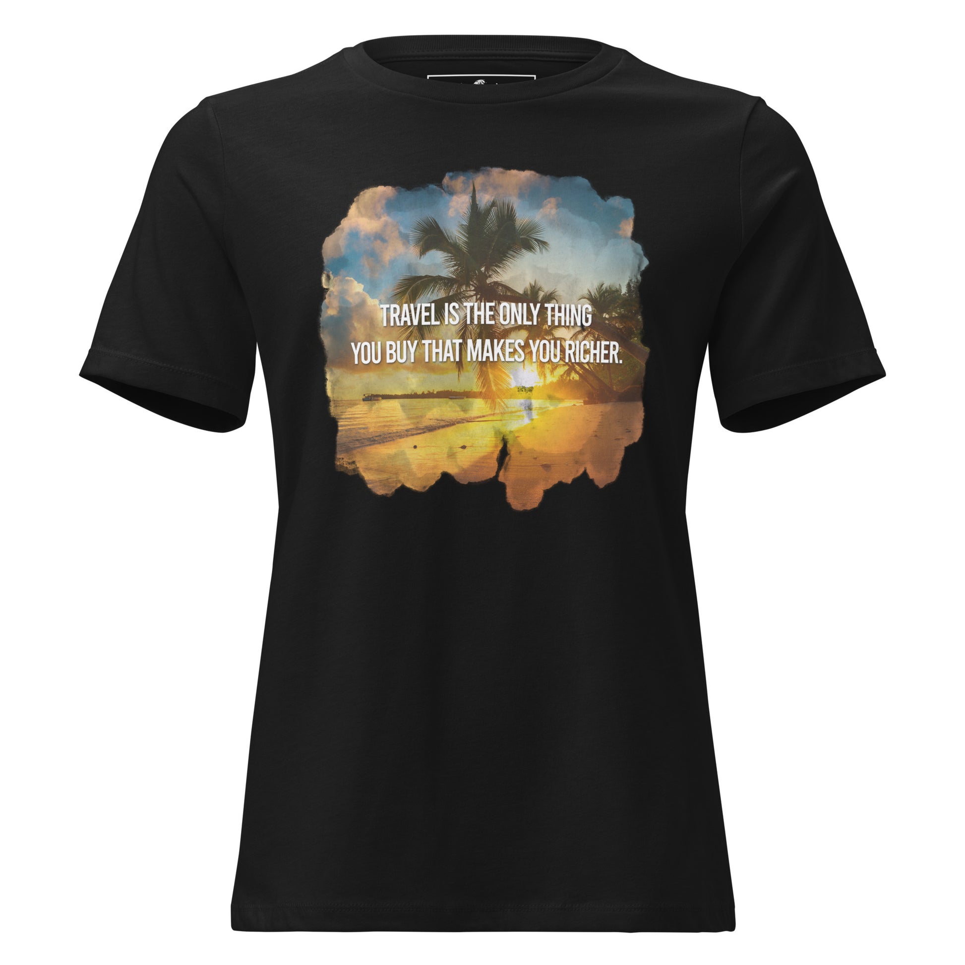 Travel is the Only Thing You Buy That Makes You Richer (Tropical Sunset Design) Black Motivational Women’s T-Shirt