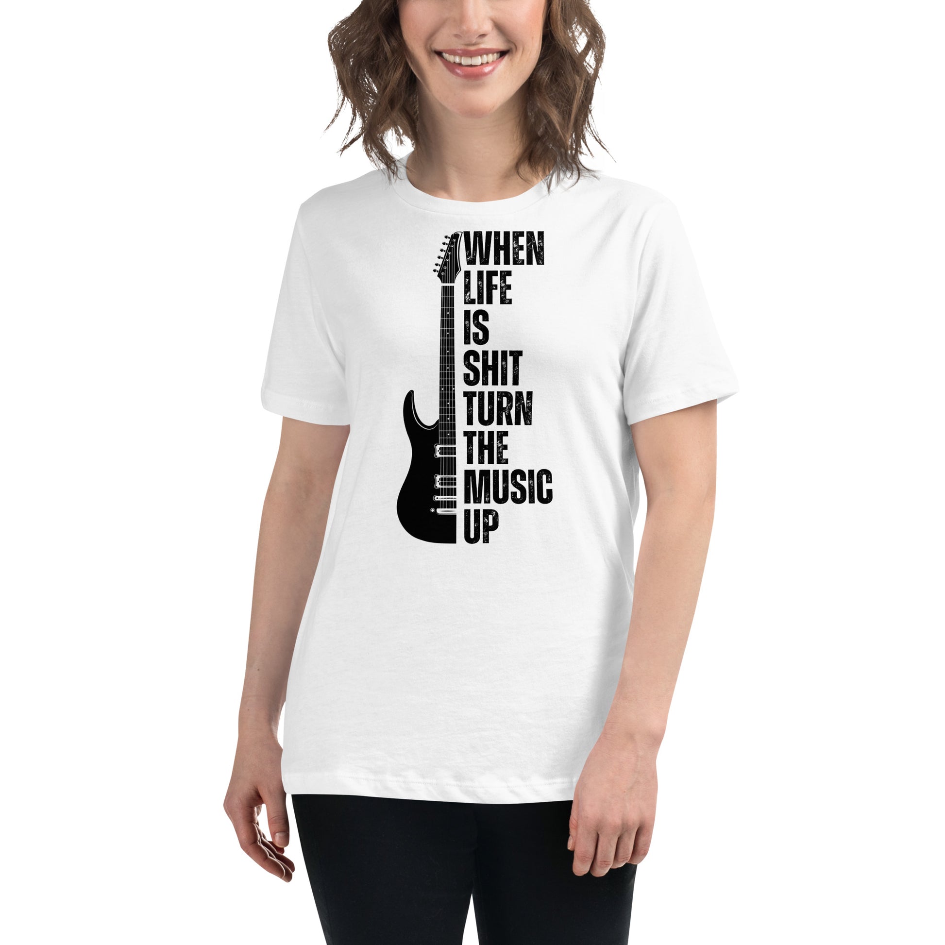 Turn the Music Up White Motivational Women’s T-Shirt Lifestyle