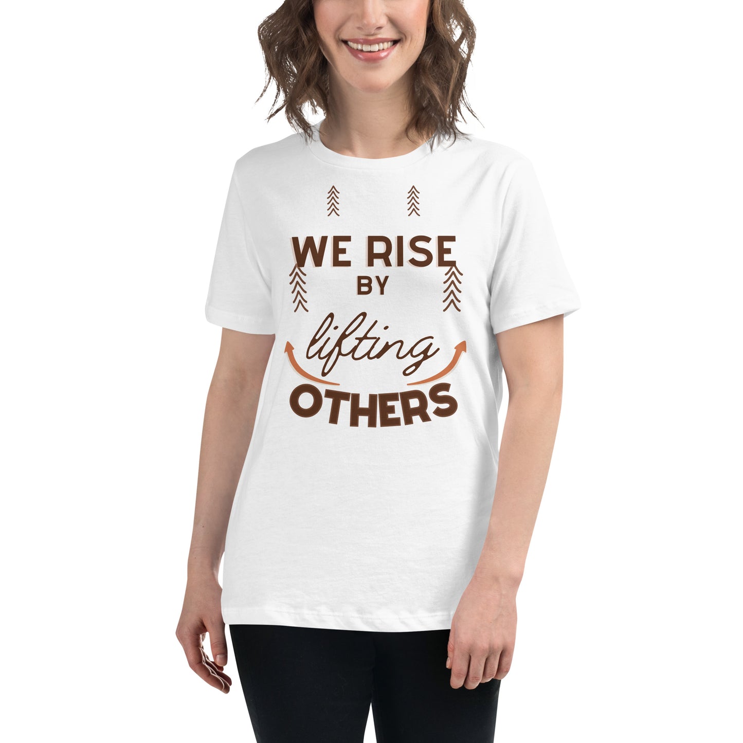 We Rise by Lifting White Motivational Women’s T-Shirt Lifestyle
