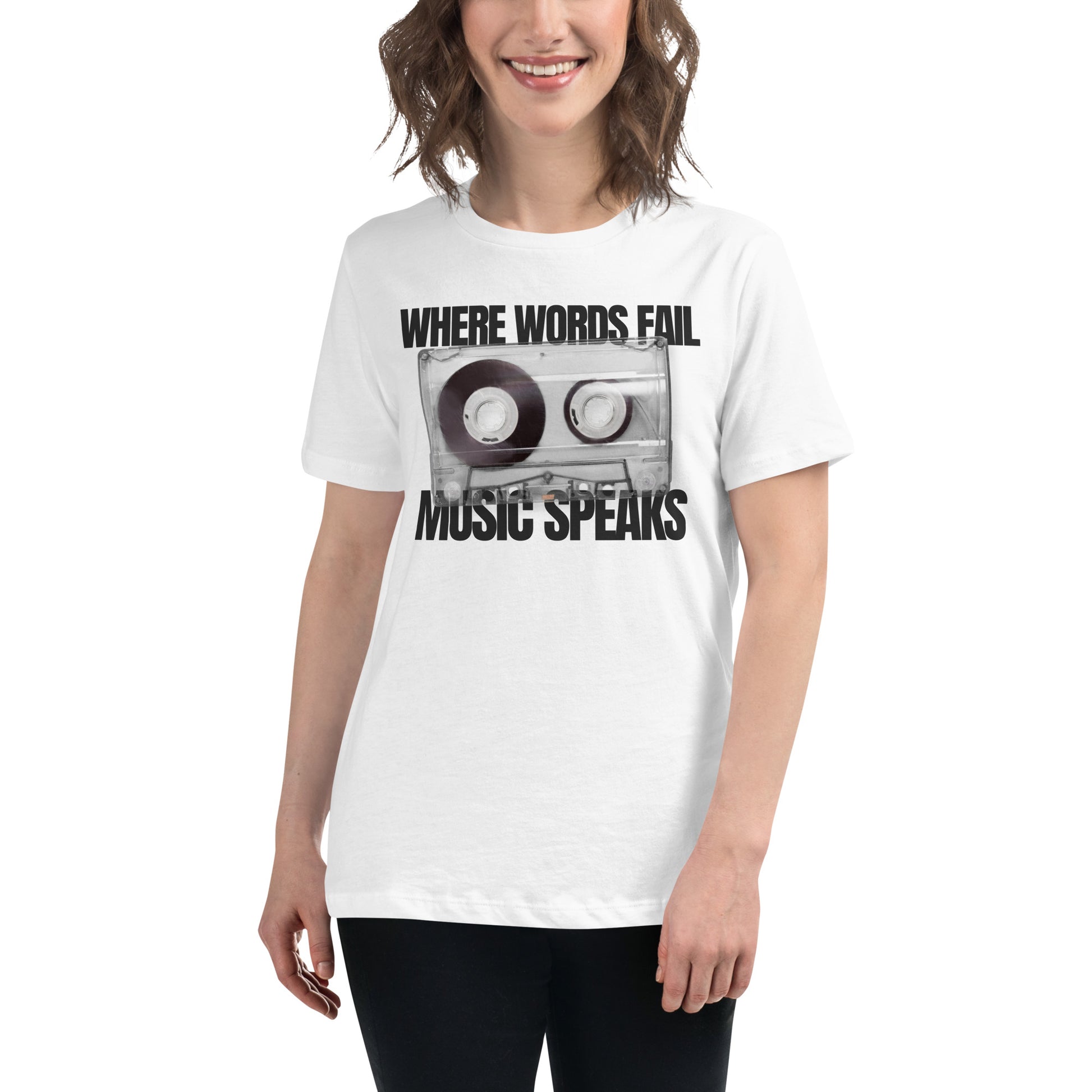 When Words Fail, Music Speaks - Cassette Edition White Motivational Women’s T-Shirt Lifestyle