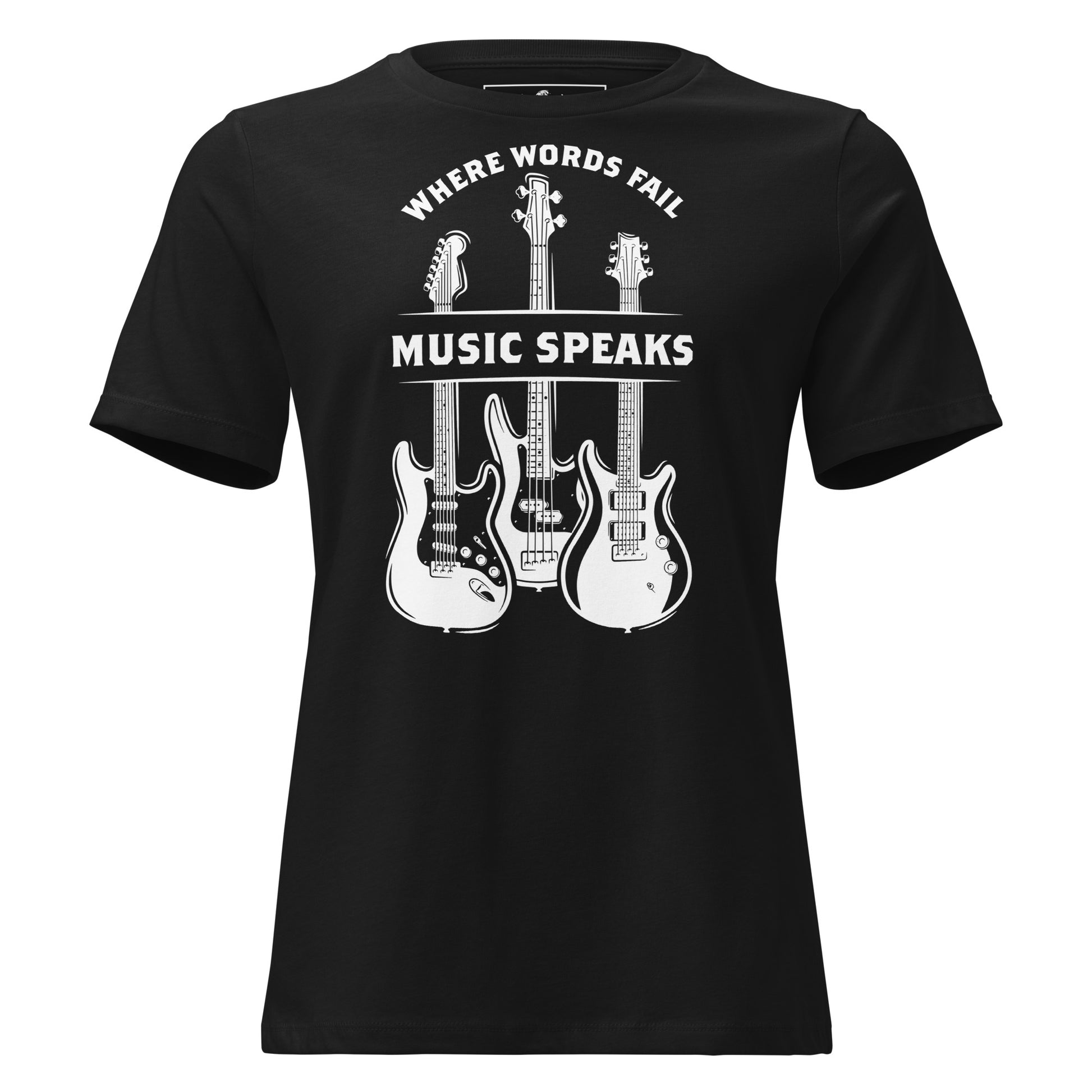 Where Words Fail, Music Speaks – Guitar Edition Black Motivational Women’s T-Shirt