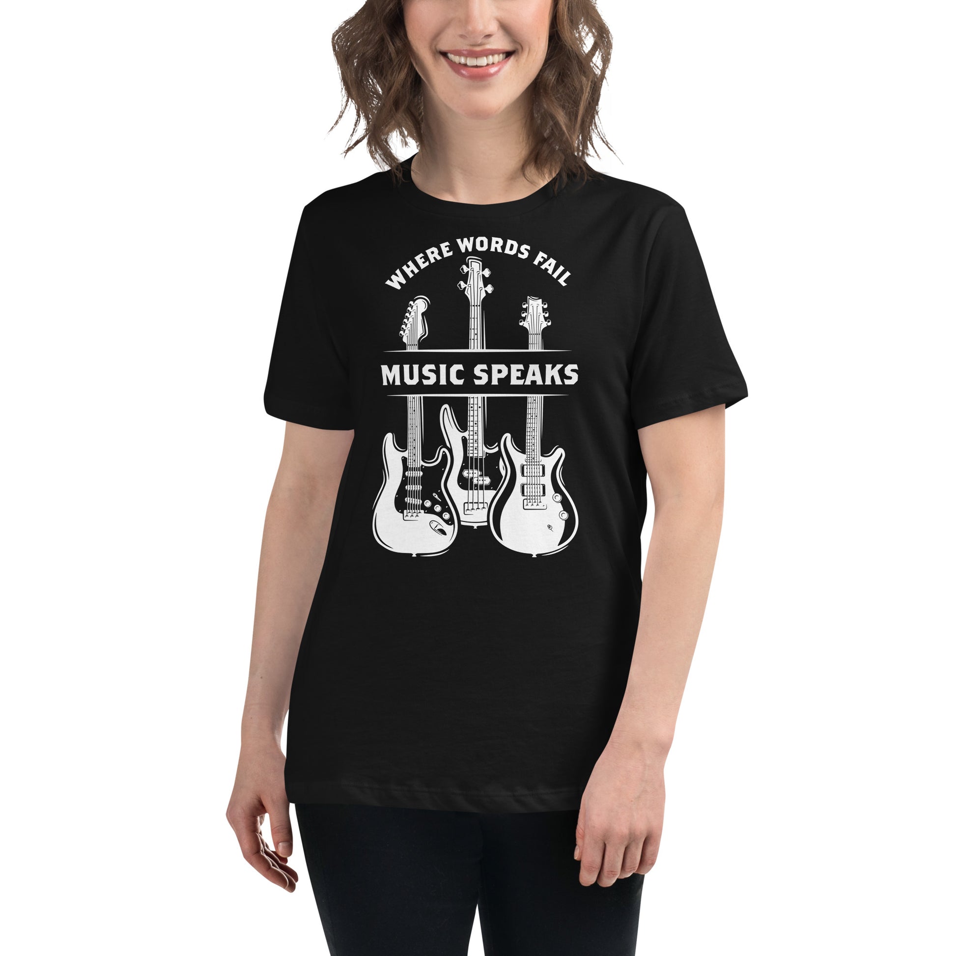 Where Words Fail, Music Speaks – Guitar Edition Black Motivational Women’s T-Shirt Lifestyle