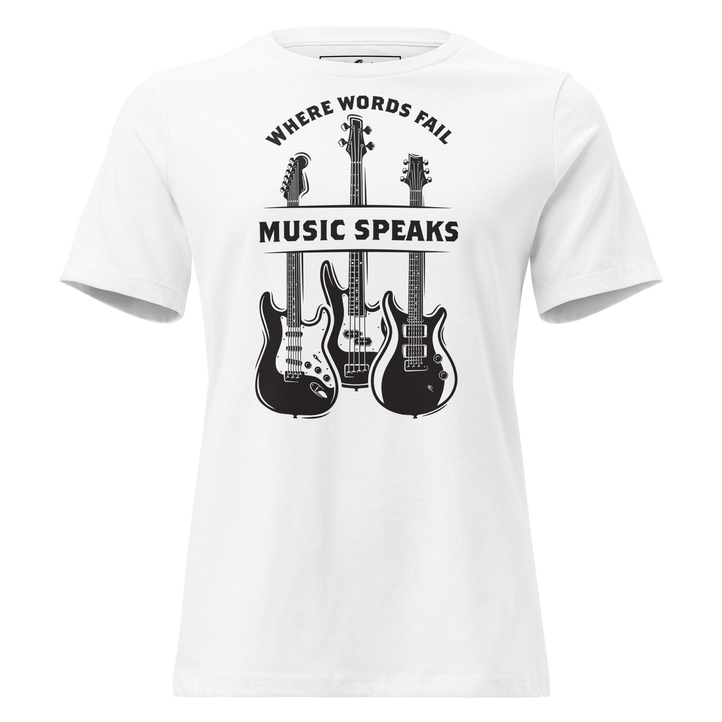 Where Words Fail, Music Speaks – Guitar Edition White Motivational Women’s T-Shirt