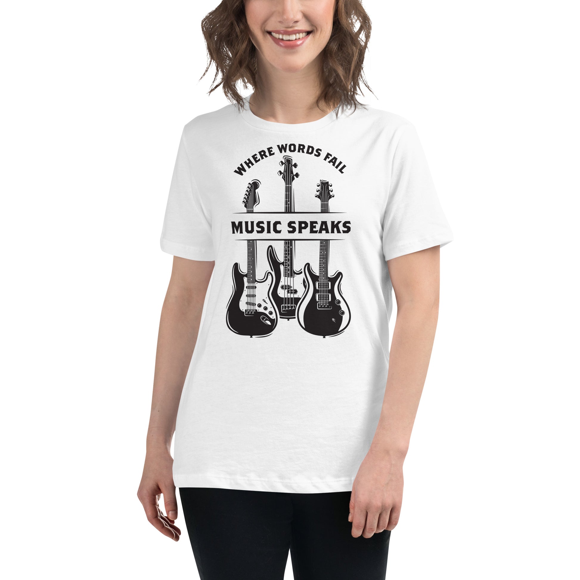 Where Words Fail, Music Speaks – Guitar Edition White Motivational Women’s T-Shirt Lifestyle