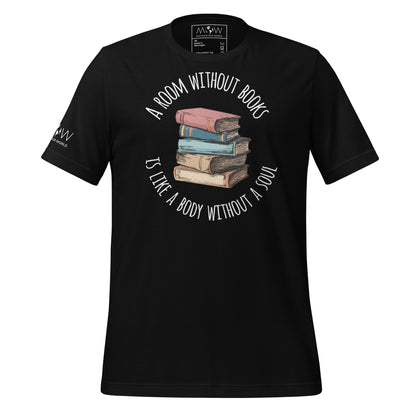 Whimsical Book Stack - A Room Without Books Has No Soul Black Motivational Men's T-Shirt