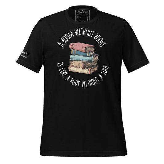 Whimsical Book Stack - A Room Without Books Has No Soul Black Motivational Men's T-Shirt