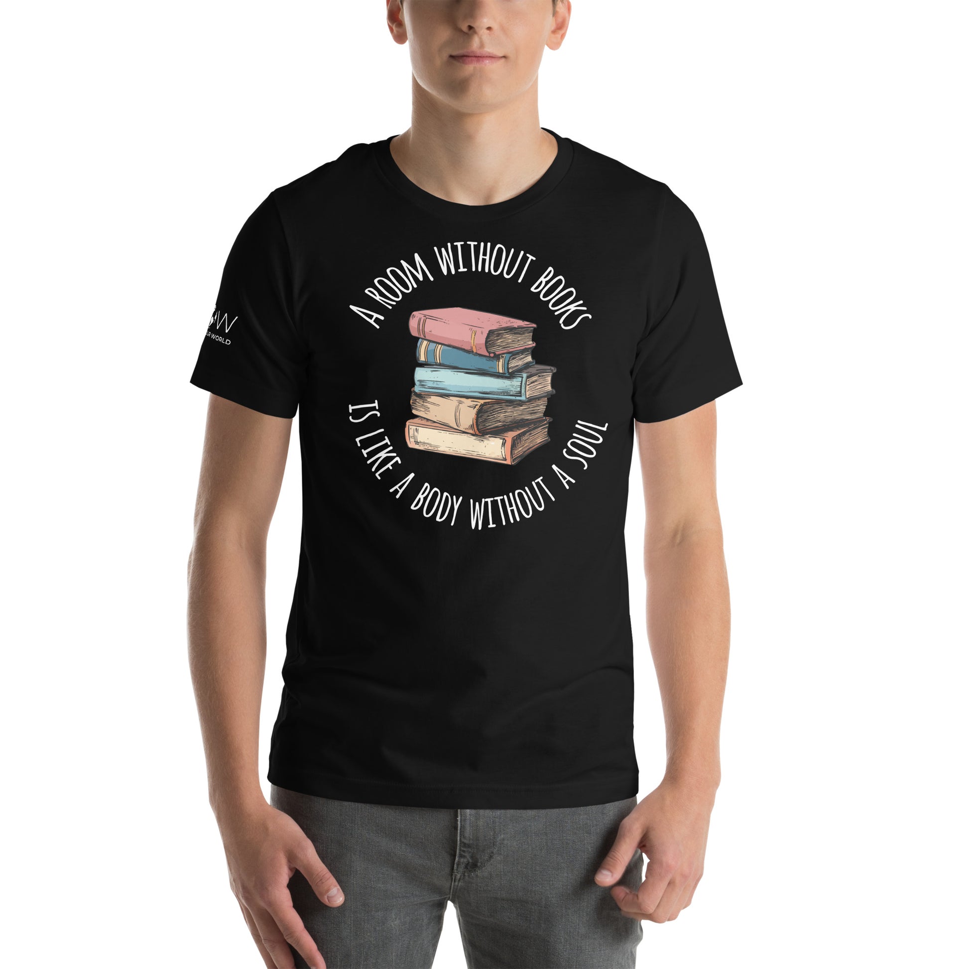 Whimsical Book Stack - A Room Without Books Has No Soul Black Motivational Men's T-Shirt
