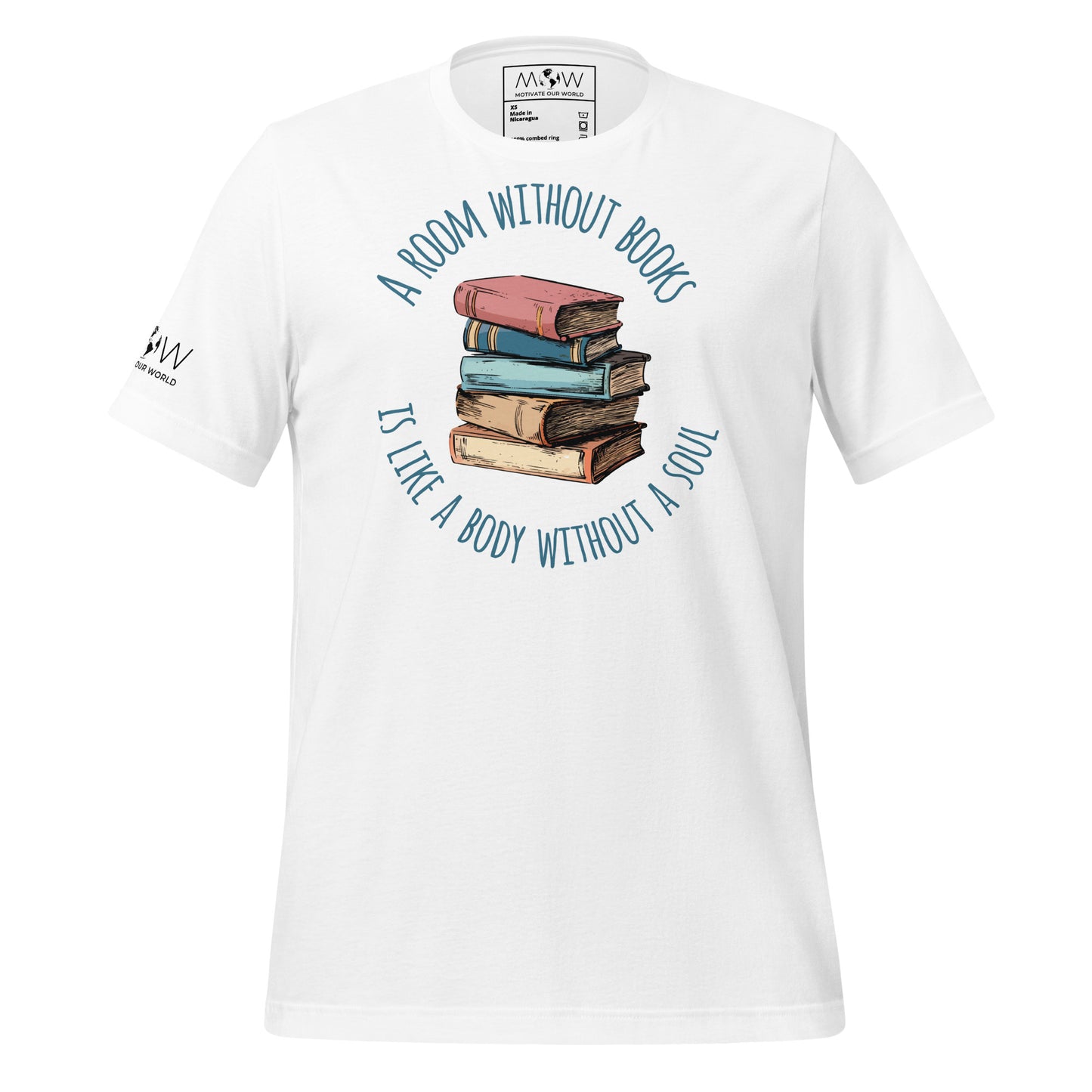 Whimsical Book Stack - A Room Without Books Has No Soul White Motivational Men's T-Shirt