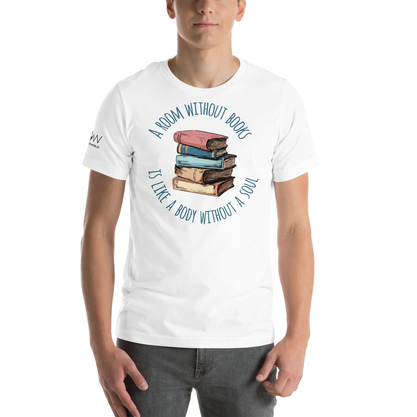 Whimsical Book Stack - A Room Without Books Has No Soul White Motivational Men's T-Shirt