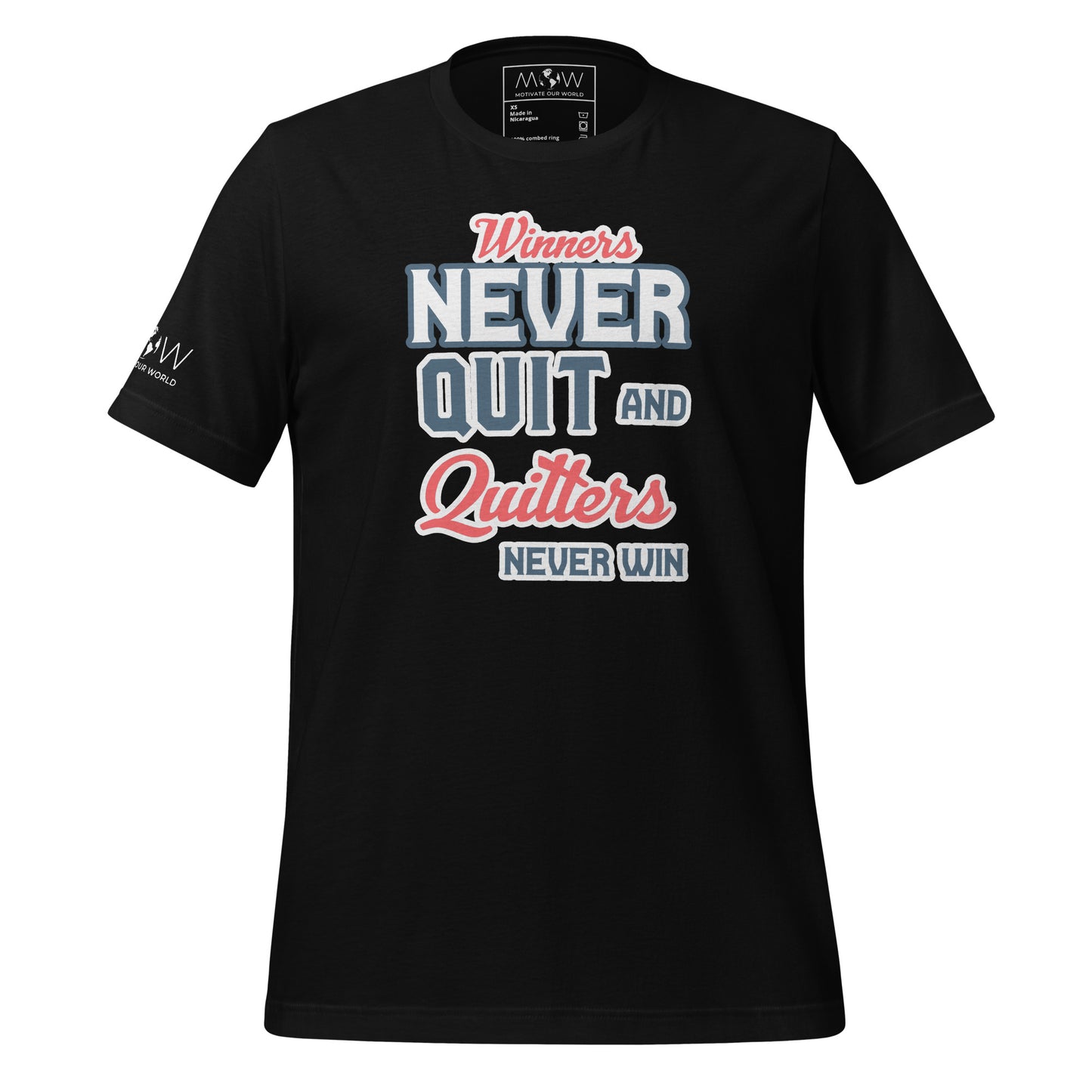 "Winners Never Quit and Quitters Never Win" Men's Motivational Black T-Shirt
