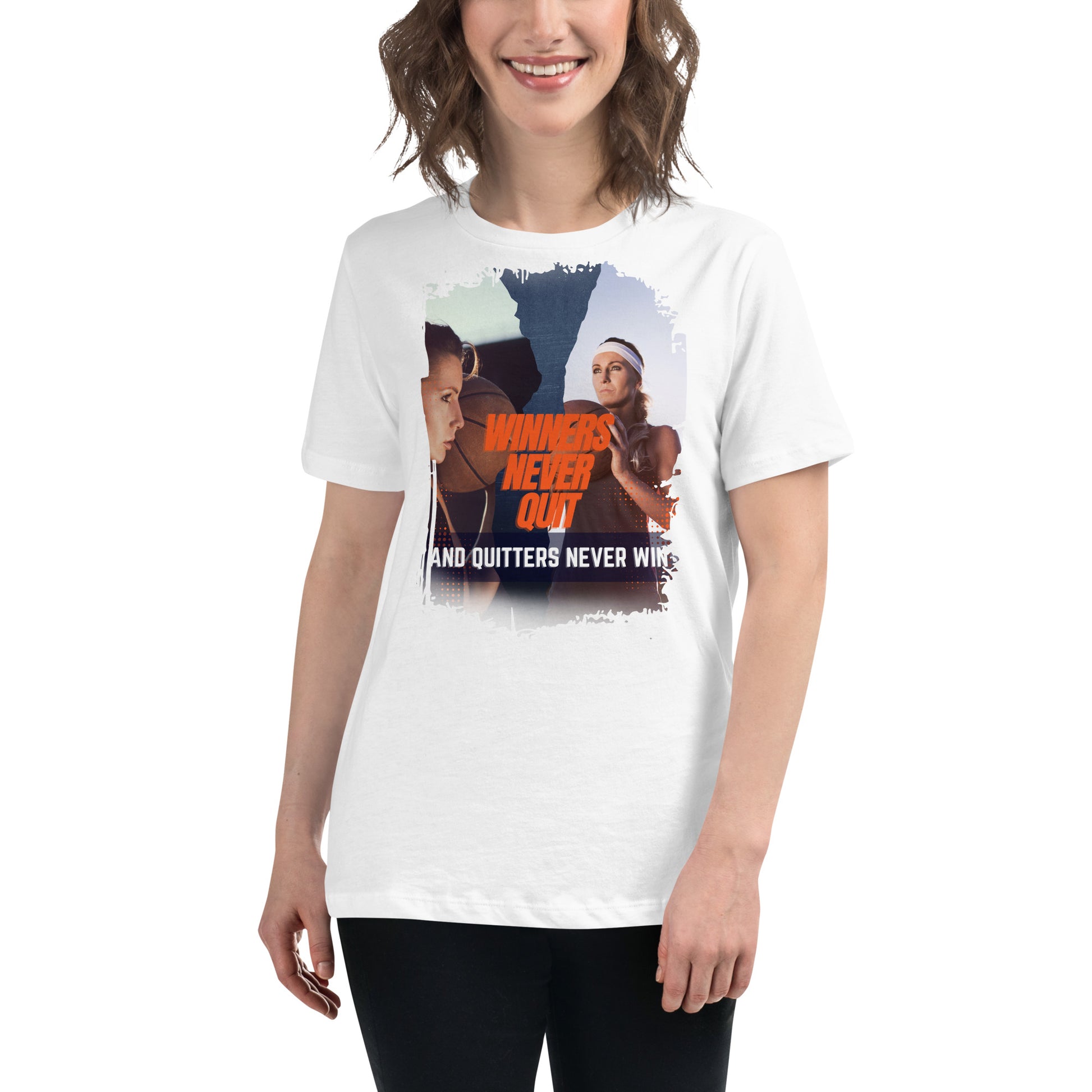 "Winners Never Quit and Quitters Never Win" Sports White Motivational Women’s T-Shirt Lifestyle