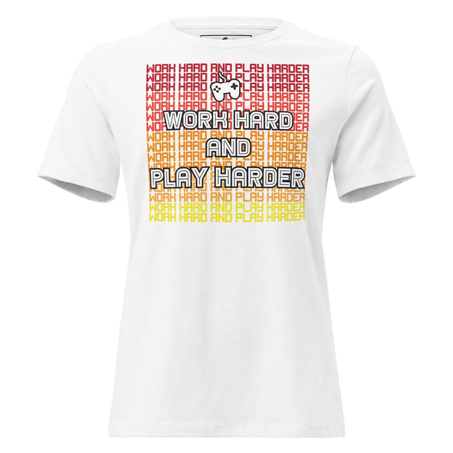 Work Hard Play Harder Gradient – Gamer Hustle White Motivational Women’s T-Shirt