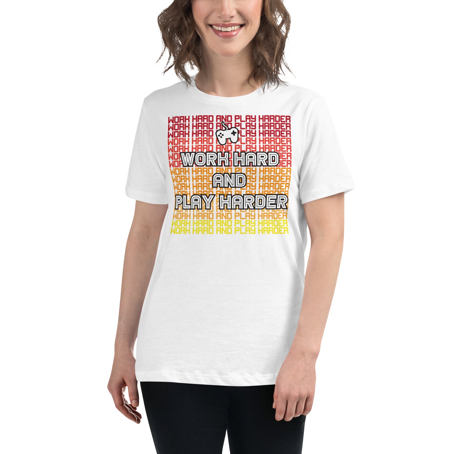 Work Hard Play Harder Gradient – Gamer Hustle White Motivational Women’s T-Shirt Lifestyle